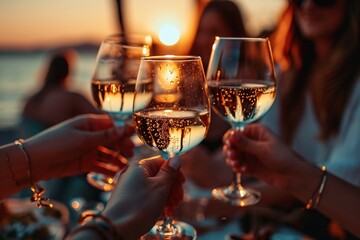 A group of female friends cheers with glasses of white wine during sunset. Close-up shot.