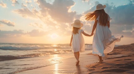 A young girl and mother in white attire and a hat stroll barefoot on the beach at sunset, with hair blowing in the wind. - obrazy, fototapety, plakaty