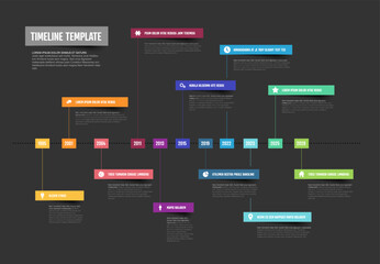 Colorful dark Horizontal Timeline Infographic template on dark gray background