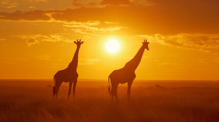 Fototapeta na wymiar African Savannah with Giraffes at Sunset - Majestic Wildlife and Picturesque Landscape in the Wild for Nature and Travel Themes