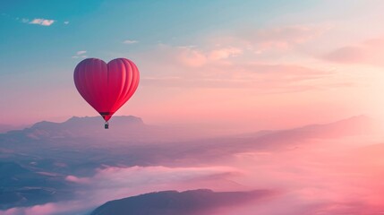 Obraz premium Gorgeous crimson hot air balloon heart against a sky of soft blue and delicate pink, set against misty mountains on a sunny Valentine's Day morning 