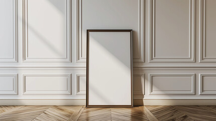 Blank Vertical Poster Frame Against Classic White Wall - Interior Design Mockup and Elegant Room Display Concept