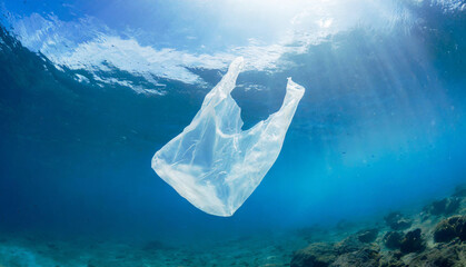 Plastic bag pollution in ocean. The concept of awareness of the plastic pollution of the waters in...