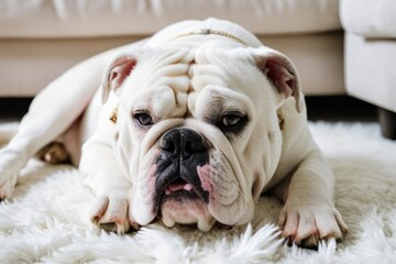 White bulldog snoring loudly while lying on back on top of white shag area rug.