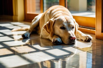 Yellow labrador retriever napping on tile floor next to sliding glass door with sunlight streaming...