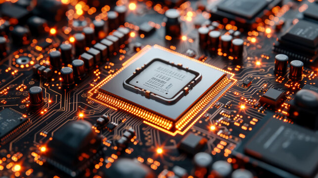 A microprocessor sits at the heart of a circuit board, pulsing with electronic activity