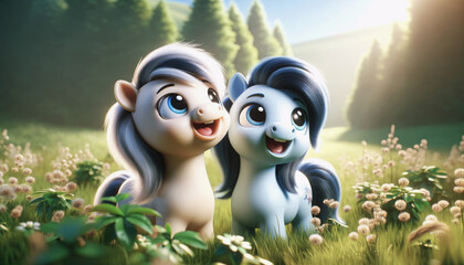 AI generated illustration of the cheerful animated ponies in a sunny meadow with dandelions
