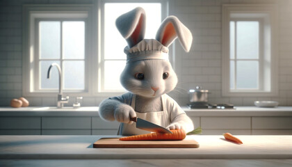 AI generated illustration of a charming rabbit in a chef's hat chops carrots in a sunny kitchen
