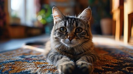 Feline staying active and practicing yoga to increase body mobility and promote well-being or fit way of living. 