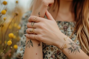 Hand einer jungen Frau mit zarten Tattoos und goldenen Ringen