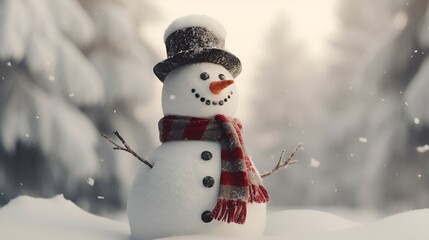 a funny snowman with black hat in snow 