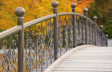 Beautiful Nature Autumn landscape with small bridge. Scenery view on autumn city park with golden yellow foliage in cloudy day. Walking paths in the city Park strewn with autumn fallen leaves