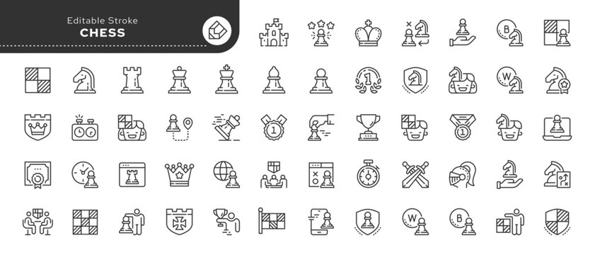 Set of line icons in linear style. Series - Game of Chess. Chess pieces: bishop, pawn, queen, knight, king, queen. Chess tournament, chess player.Outline icon collection. Pictogram and infographic.