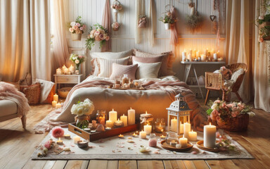Fototapeta na wymiar night interior of bedroom with flowers and burning candles