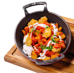 freshly cooked prawns in spicy tomato sauce and fish in batter