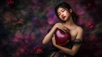 Young woman holding decorative heart. Valentine's Day theme