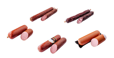 different types sausages isolated on white background