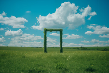 Green Frame in Meadow with Cloudy Sky