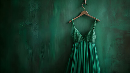 Green dress for special event on hanger. Party dress.Vector illustration. generative  ai