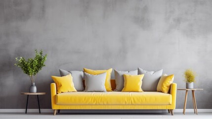 Grey sofa with yellow pillows against stucco wall with copy space. Scandinavian home interior design of modern living room