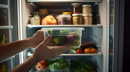View of man taking out a  packed lunch in a transparent plastic box  from  refrigerator 
 - Powered by Adobe