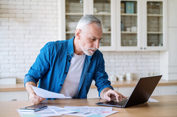 Mature man look on screen on laptop, working at home with documents. - obrazy, fototapety, plakaty