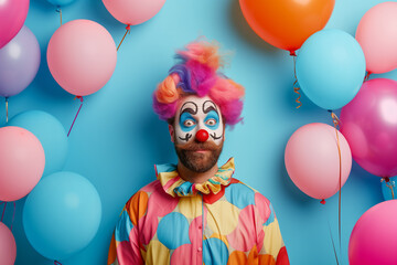 A Spirited Young Man with a Playfully Painted Clown Face and Vivid Hair, Surrounded by Buoyant Balloons, Spreading Joy on a Vibrant Blue Background - obrazy, fototapety, plakaty