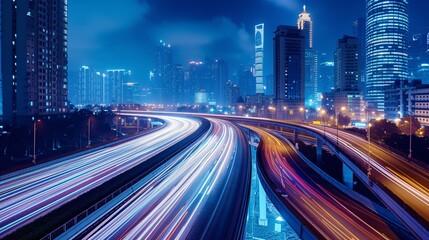 Obraz premium Cityscape with blurred highway overpass in the foreground.