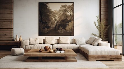Japandi home interior design of modern living room. Barn wood coffee table near beige fabric corner sofa
