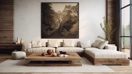 Papier Peint photo Lavable Style bohème Japandi home interior design of modern living room. Barn wood coffee table near beige fabric corner sofa
