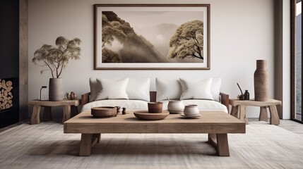 Japanese, minimalist style home interior design of modern living room. Rustic coffee table between two white sofas against wall with poster and fireplace