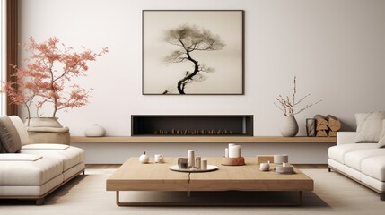 Japanese, minimalist style home interior design of modern living room. Rustic coffee table between two white sofas against wall with poster and fireplace