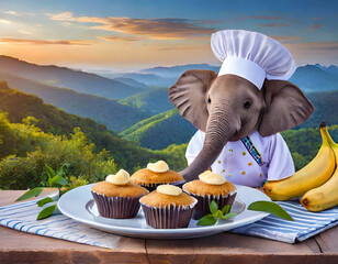 Little elephant chef serving a plate cupcakes on the outdoor dining table