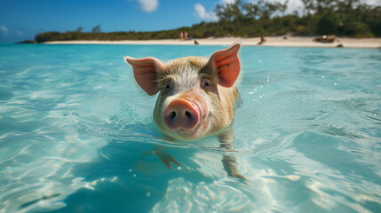 Pig swimming in sea