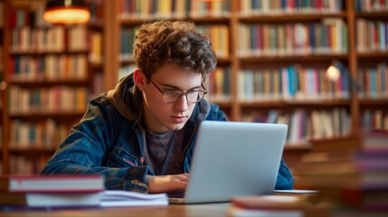 Focused Student Studying with Laptop in Library