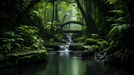 Panoramic view of a stream flowing through a green forest.