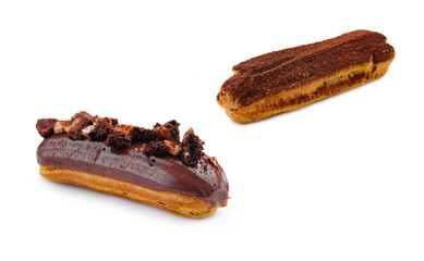 Eclairs with Chocolate Cream and Hazelnuts isolated