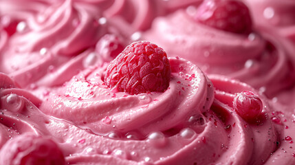 Pink icing swirls, red berries, and sugar crystals adorn a delicious dessert