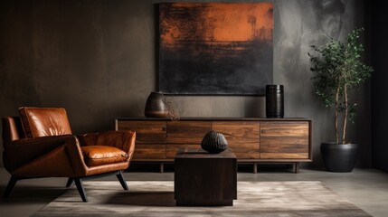 Leather chair near rustic wooden coffee table against black cabinet and decorative stucco poster....