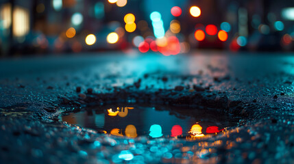 Urban Decay and City Life: Close-Up of Pothole on Busy Street with Twilight City Lights in Background - Street Maintenance and Urban Infrastructur - obrazy, fototapety, plakaty