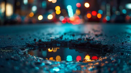 Fotobehang Urban Decay and City Life: Close-Up of Pothole on Busy Street with Twilight City Lights in Background - Street Maintenance and Urban Infrastructur © Michael