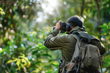 Hombre  de espaldas haciendo una foto en una selva al atardecer, equipado con cámara profesional  - obrazy, fototapety, plakaty