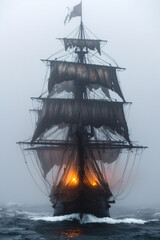 Ghostly ship emerges from the mist, its reflection haunting the still waters