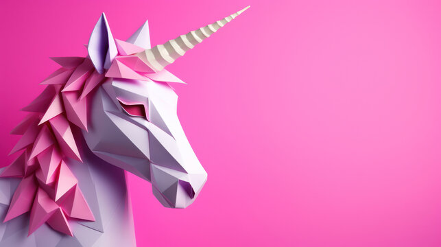 Colorful Unicorn Origami: A Creative Geometric Concept on a Pink and Blue Wallpaper