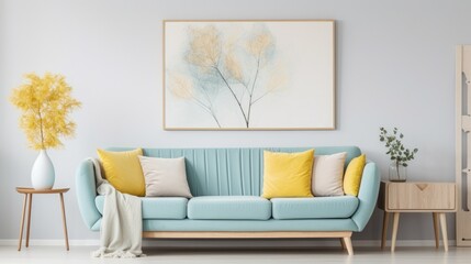 Light Blue sofa with yellow pillows and blanket against beige wall with frame poster. Scandinavian home interior design of modern living room