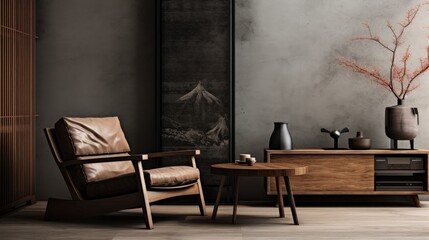 Leather chair near rustic wooden coffee table against black cabinet and decorative stucco poster. Japanese style home interior design of modern living room