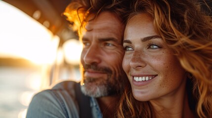 Obraz premium A Caucasian couple embracing in the sun during a weekend getaway.