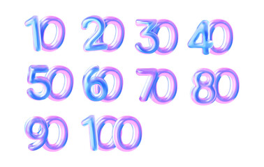 Vector numbers from 10 to 100. In a blue holographic liquid style.