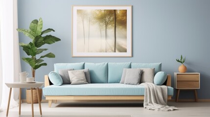 Light Blue sofa with yellow pillows and blanket against beige wall with frame poster. Scandinavian home interior design of modern living room