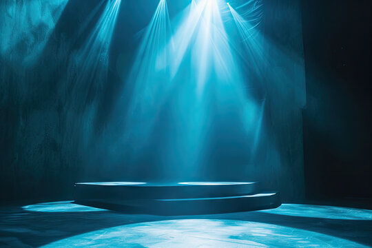 Empty Stage Adorned With Blue Lights And Subtle Smoke Against A Black Background. The Artistic Lighting And Dramatic Ambiance Create A Captivating Scene, For Conveying The Anticipation Of Event